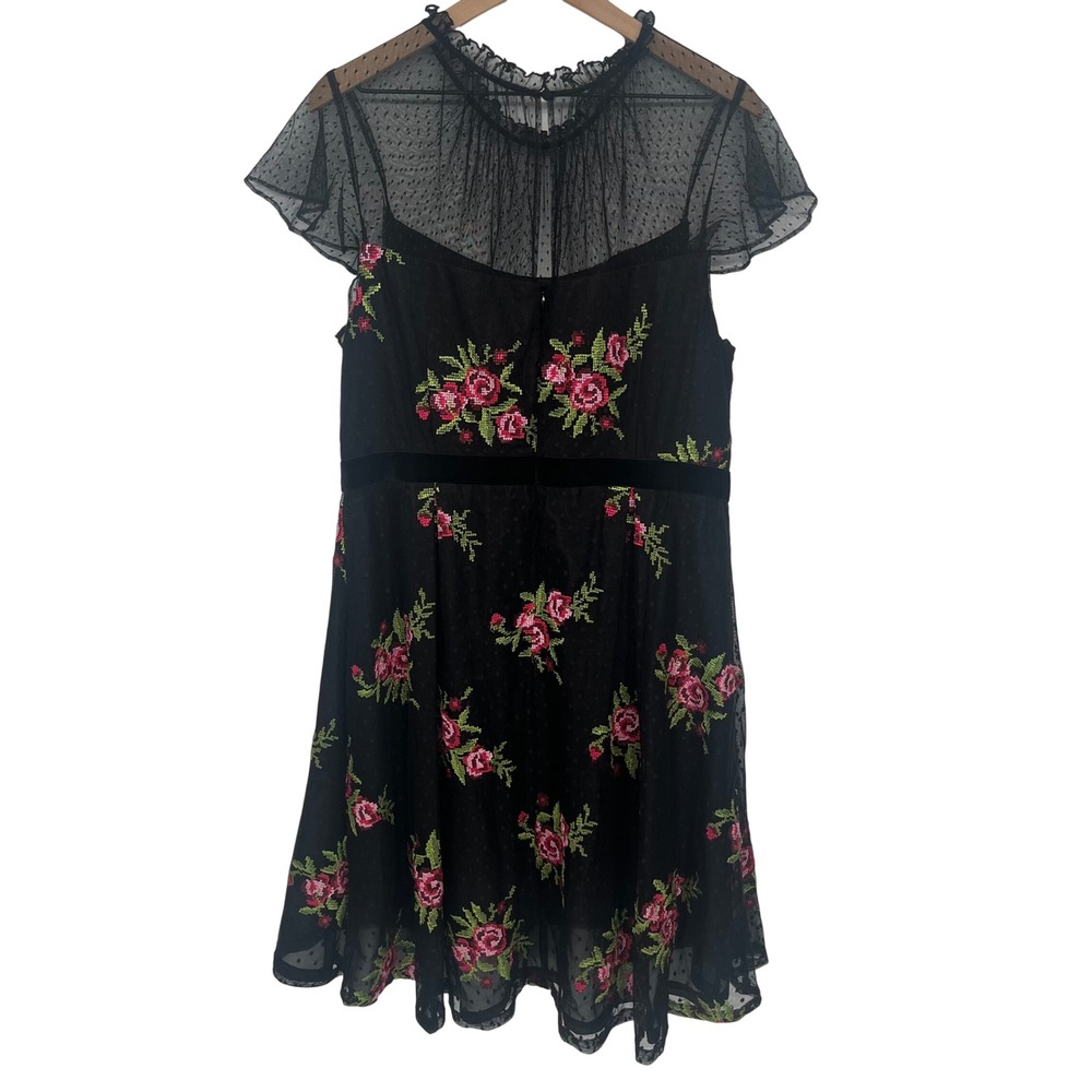 Adrianna Papell Embroidered Mesh Dress Women Black Floral Point D'Esprit Coqette